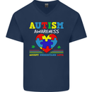 Autism Awareness Autistic Love Accept ASD Mens V-Neck Cotton T-Shirt Navy Blue
