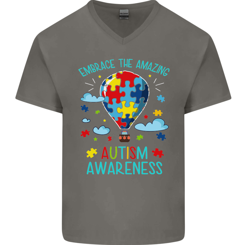 Autism Awareness Embrace Amazing Autistic Mens V-Neck Cotton T-Shirt Charcoal