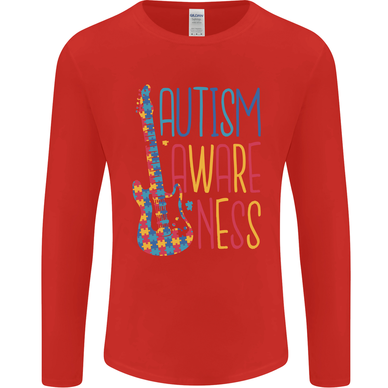 Autism Awareness Guitar Guitarist Mens Long Sleeve T-Shirt Red