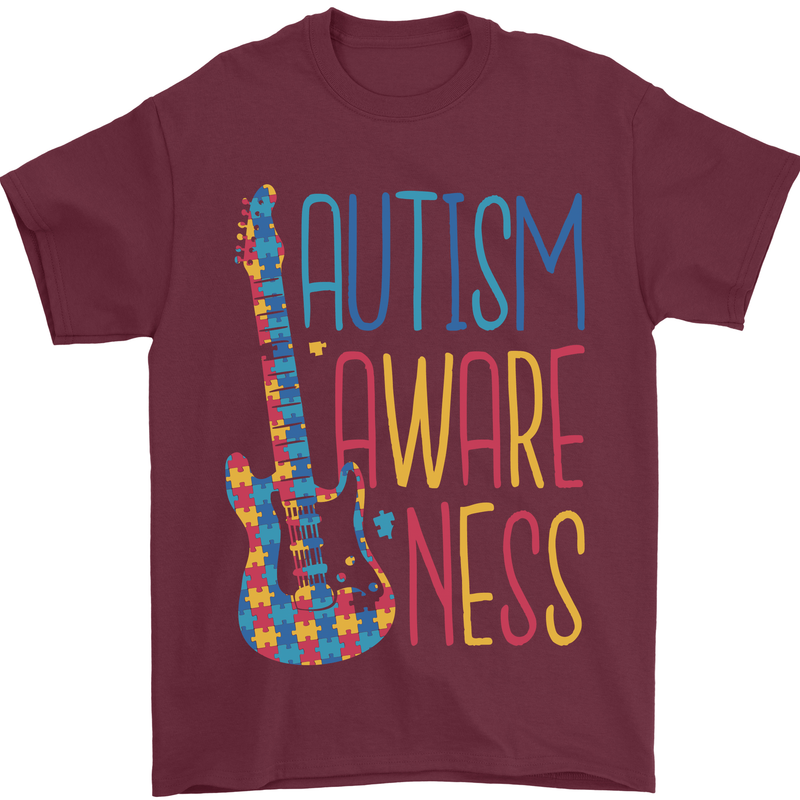 Autism Awareness Guitar Guitarist Mens T-Shirt 100% Cotton Maroon