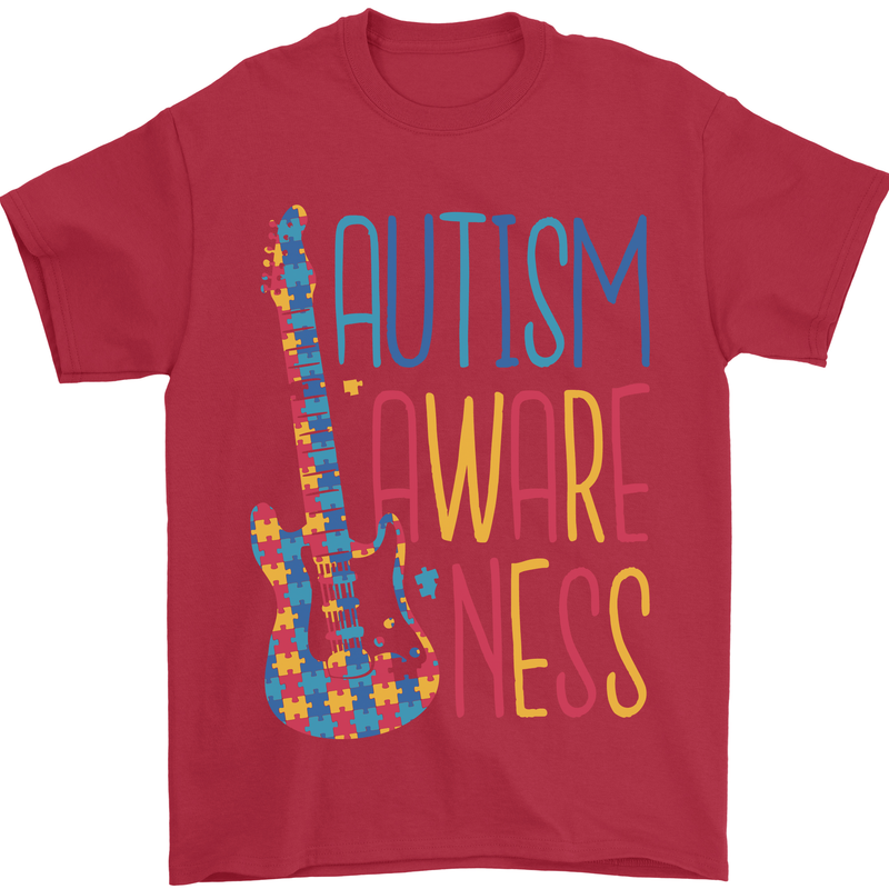 Autism Awareness Guitar Guitarist Mens T-Shirt 100% Cotton Red