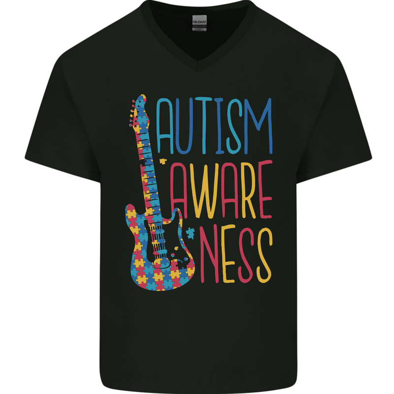 Autism Awareness Guitar Guitarist Mens V-Neck Cotton T-Shirt Black