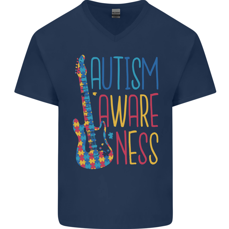 Autism Awareness Guitar Guitarist Mens V-Neck Cotton T-Shirt Navy Blue