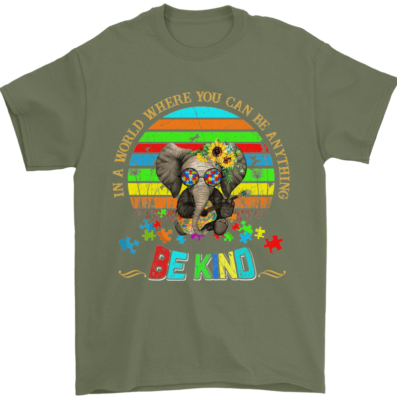 Autism Be Kind Elephant Autistic Mens T-Shirt Cotton Gildan Military Green