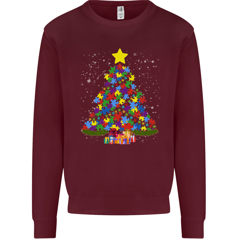 Autism Christmas Tree Autistic Awareness Kids Sweatshirt Jumper Maroon