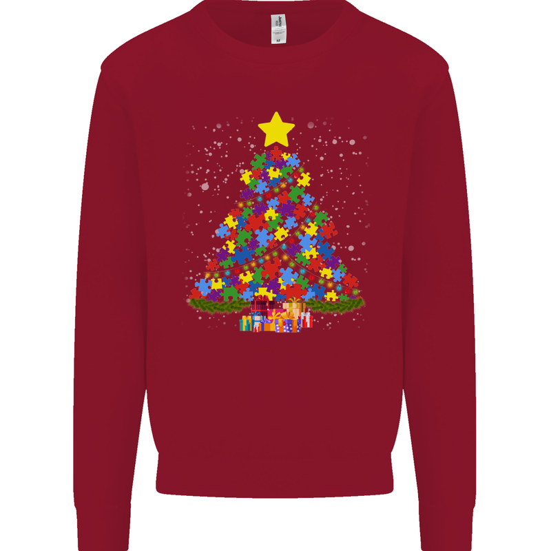 Autism Christmas Tree Autistic Awareness Kids Sweatshirt Jumper Red