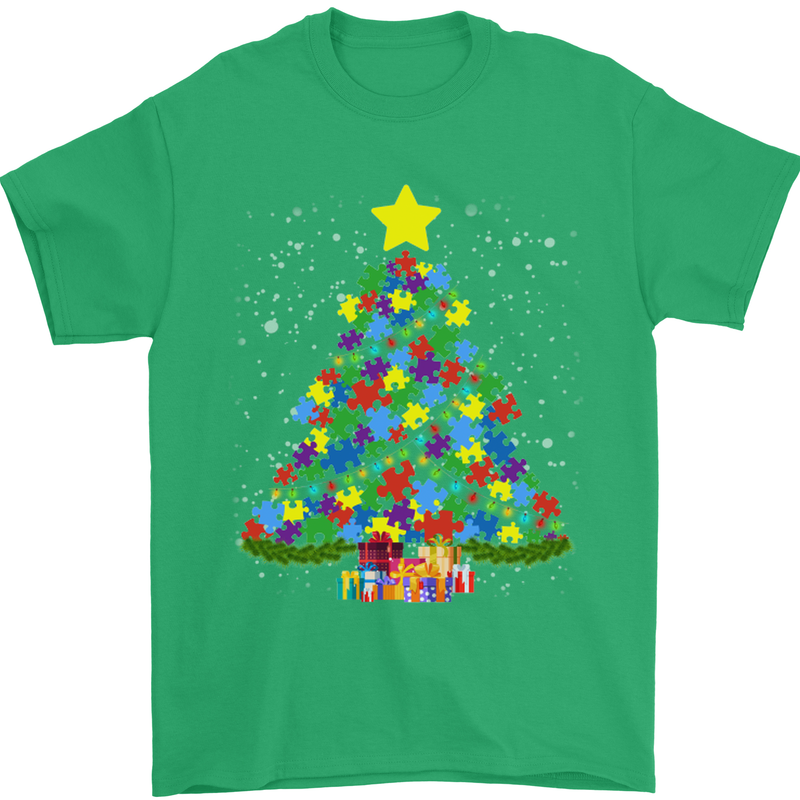 Autism Christmas Tree Autistic Awareness Mens T-Shirt Cotton Gildan Irish Green