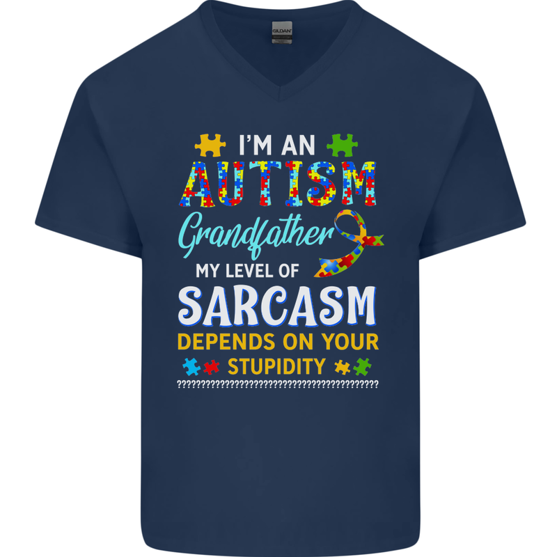 Autism Grandfathers Day Autistic ASD Mens V-Neck Cotton T-Shirt Navy Blue