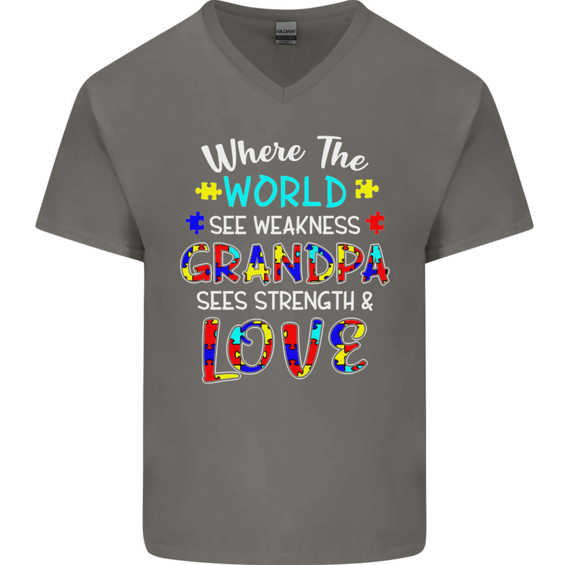 Autism Grandpa Sees Love Strength Autistic Mens V-Neck Cotton T-Shirt Charcoal