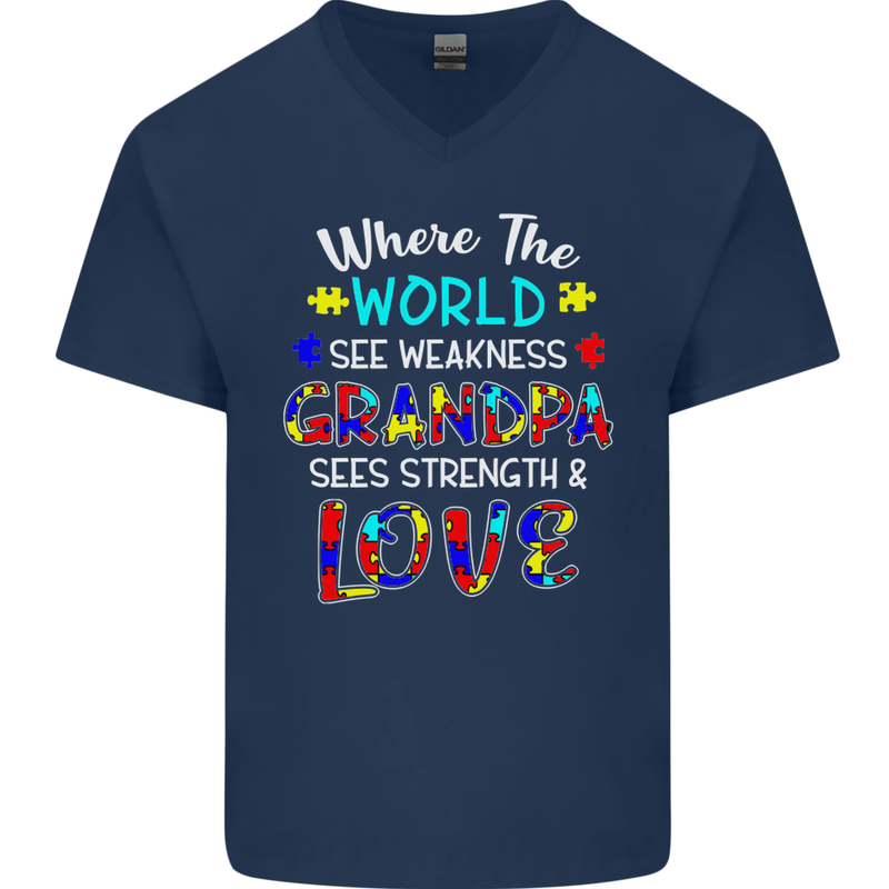 Autism Grandpa Sees Love Strength Autistic Mens V-Neck Cotton T-Shirt Navy Blue