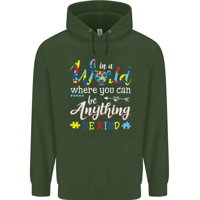 Autism In a World Be Kind Autistic ASD Mens 80% Cotton Hoodie Forest Green