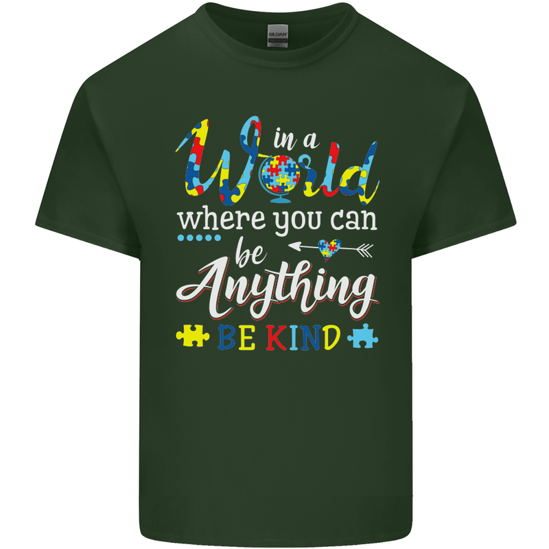 Autism In a World Be Kind Autistic ASD Mens Cotton T-Shirt Tee Top Forest Green