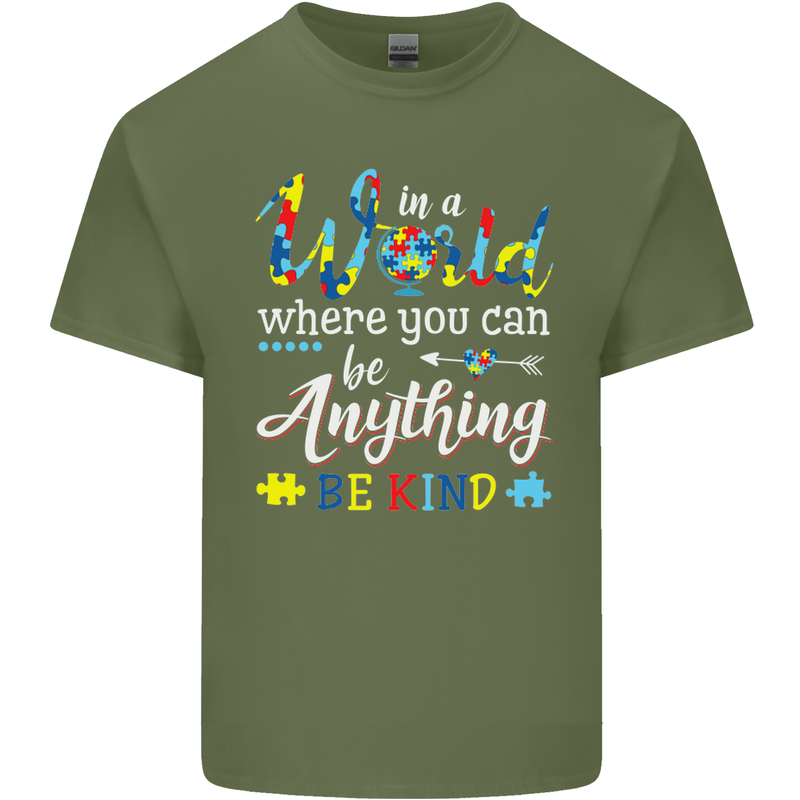 Autism In a World Be Kind Autistic ASD Mens Cotton T-Shirt Tee Top Military Green