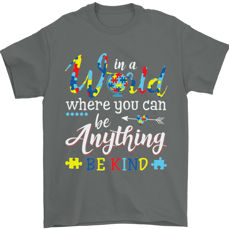 Autism In a World Be Kind Autistic ASD Mens T-Shirt Cotton Gildan Charcoal