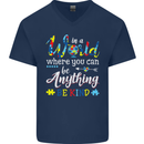 Autism In a World Be Kind Autistic ASD Mens V-Neck Cotton T-Shirt Navy Blue