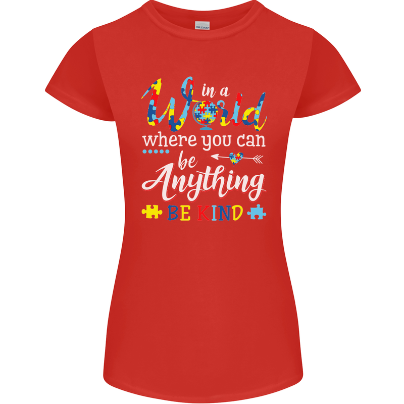 Autism In a World Be Kind Autistic ASD Womens Petite Cut T-Shirt Red