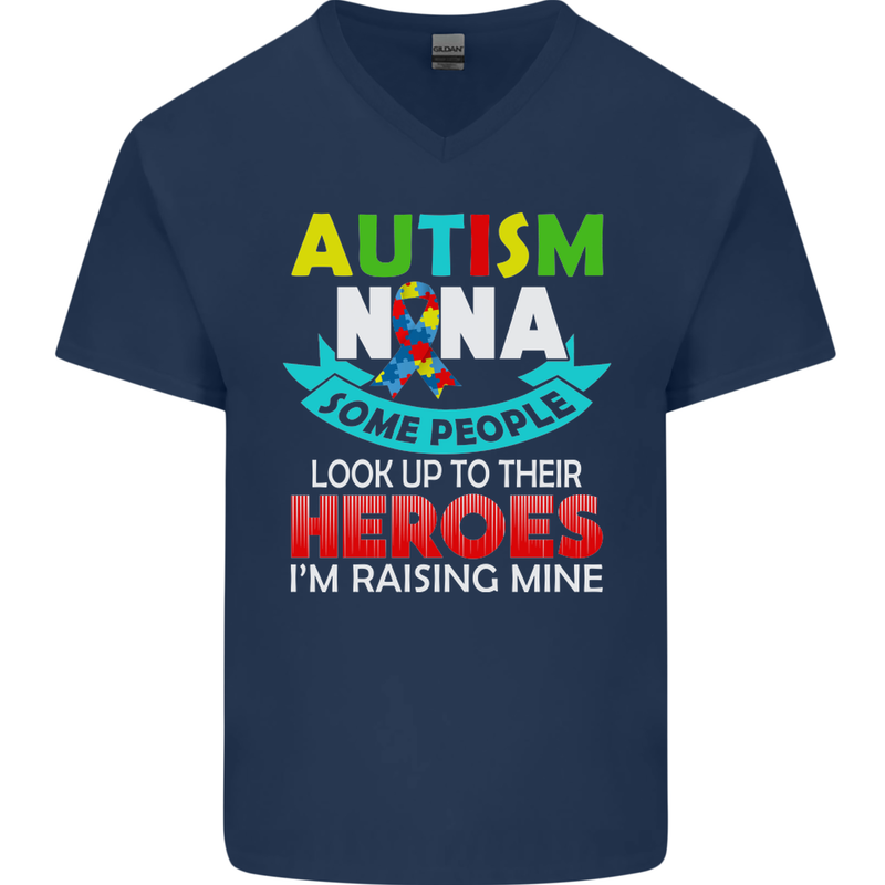 Autism Nana Grandparents Autistic ASD Mens V-Neck Cotton T-Shirt Navy Blue
