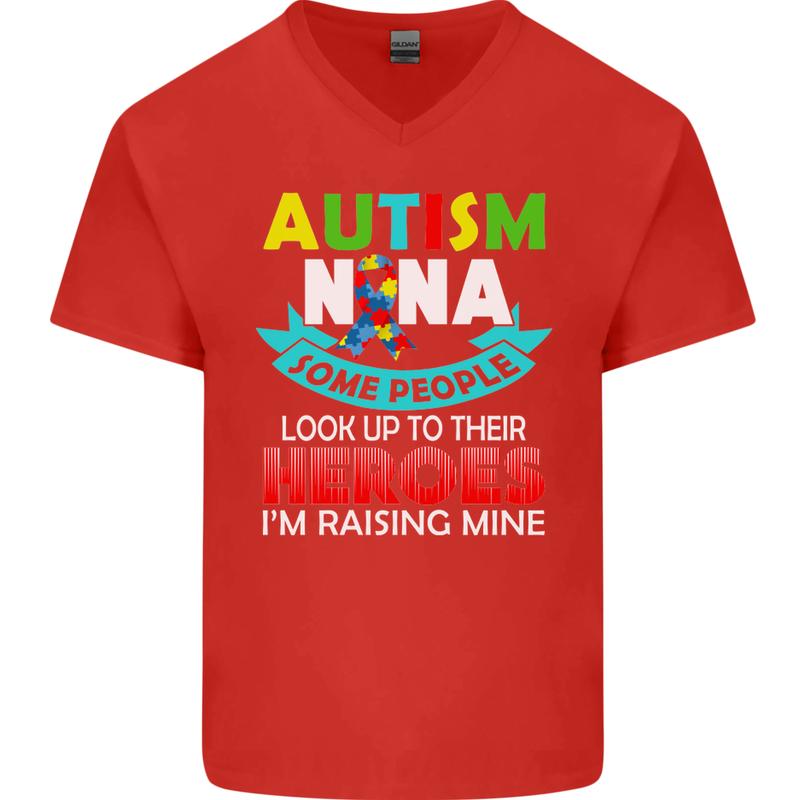 Autism Nana Grandparents Autistic ASD Mens V-Neck Cotton T-Shirt Red