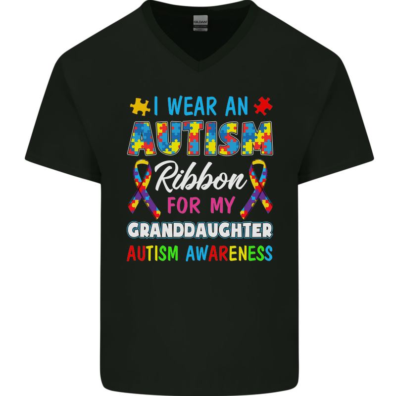 Autism Ribbon For My Granddaughter Autistic Mens V-Neck Cotton T-Shirt Black