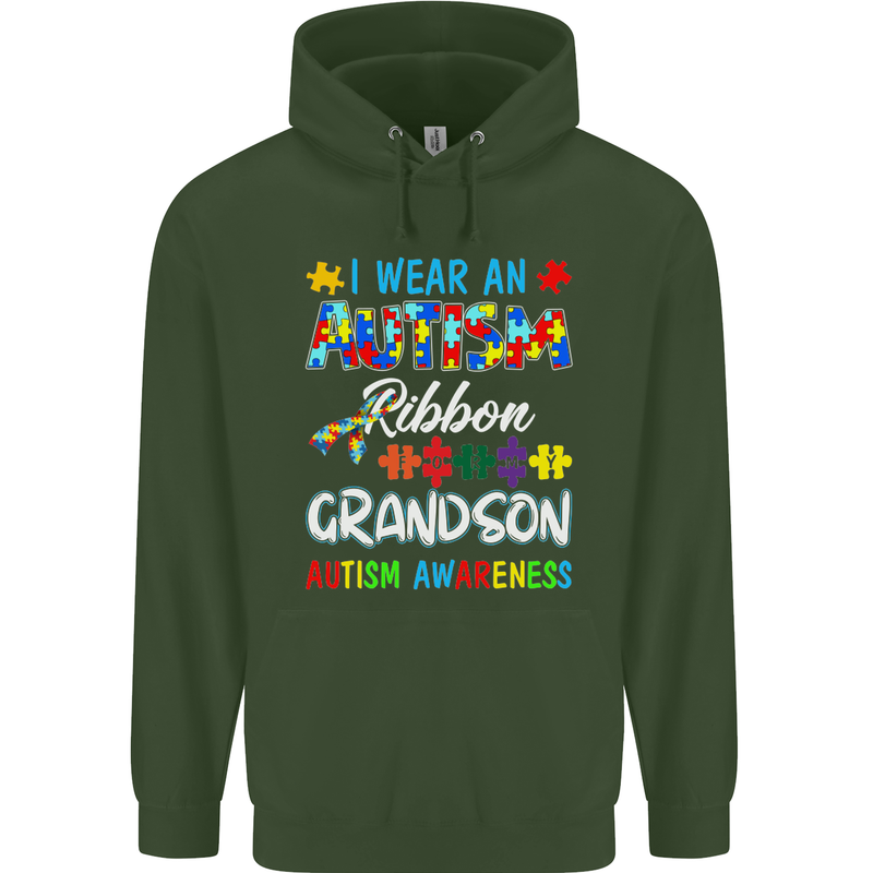 Autism Ribbon For My Grandson Autistic ASD Mens 80% Cotton Hoodie Forest Green