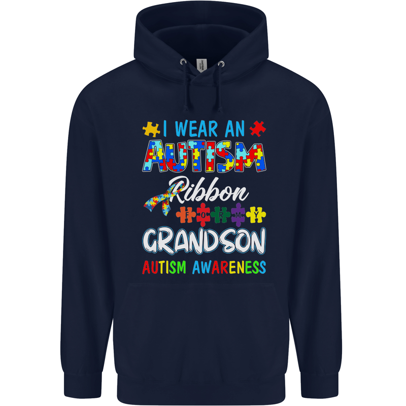 Autism Ribbon For My Grandson Autistic ASD Mens 80% Cotton Hoodie Navy Blue