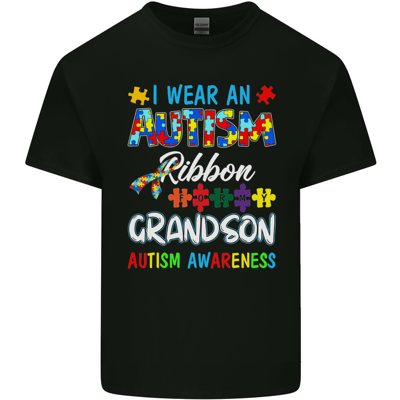 Autism Ribbon For My Grandson Autistic ASD Mens Cotton T-Shirt Tee Top Black