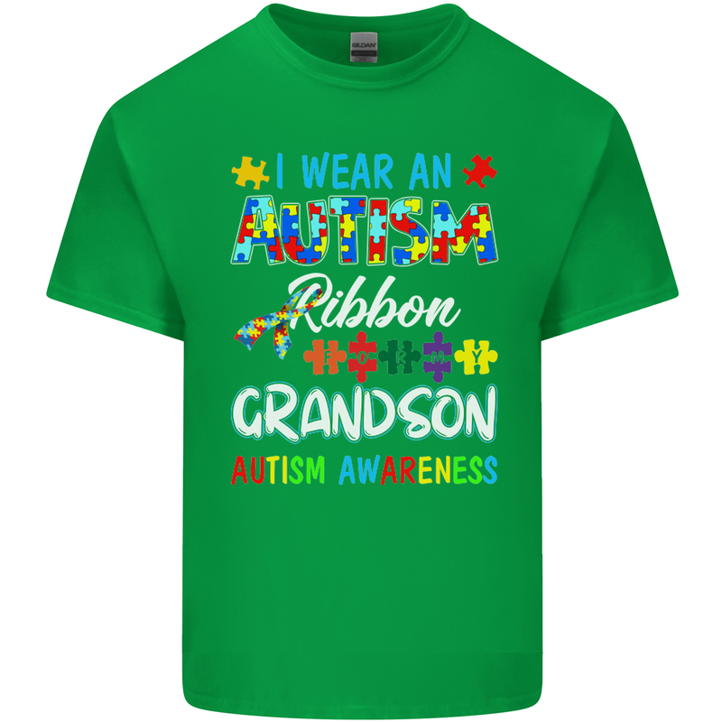 Autism Ribbon For My Grandson Autistic ASD Mens Cotton T-Shirt Tee Top Irish Green
