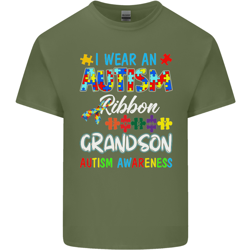 Autism Ribbon For My Grandson Autistic ASD Mens Cotton T-Shirt Tee Top Military Green