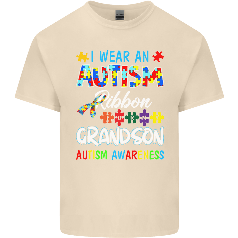 Autism Ribbon For My Grandson Autistic ASD Mens Cotton T-Shirt Tee Top Natural
