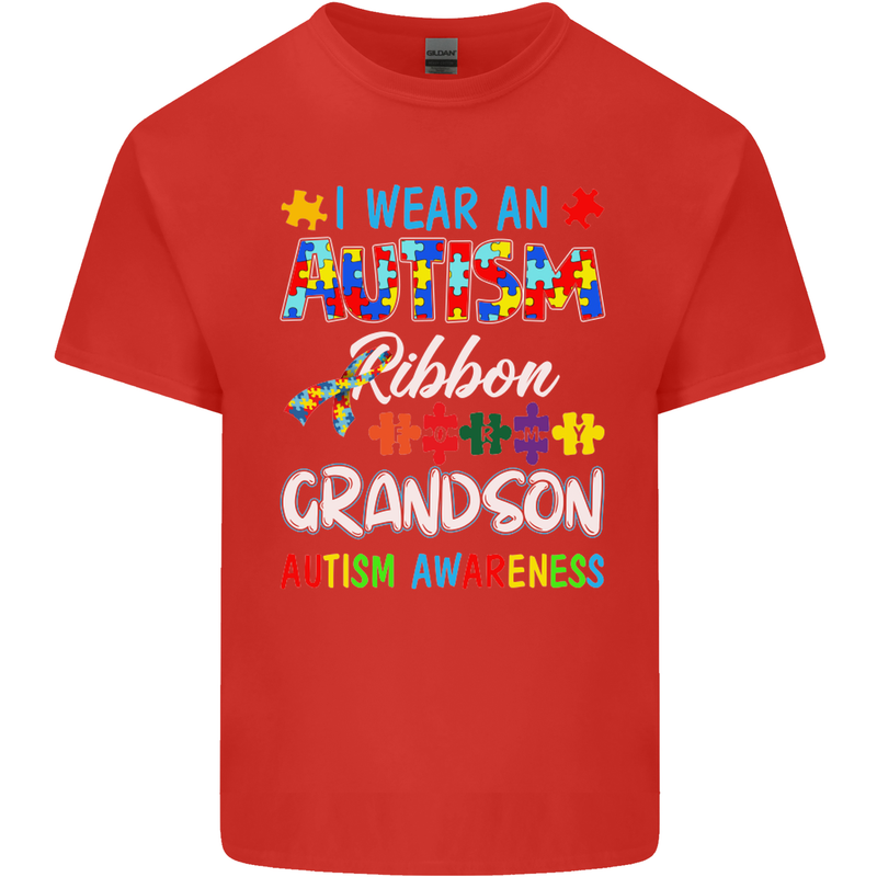 Autism Ribbon For My Grandson Autistic ASD Mens Cotton T-Shirt Tee Top Red