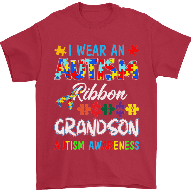 Autism Ribbon For My Grandson Autistic ASD Mens T-Shirt Cotton Gildan Red