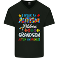 Autism Ribbon For My Grandson Autistic ASD Mens V-Neck Cotton T-Shirt Black