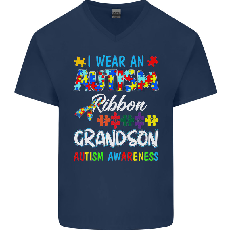 Autism Ribbon For My Grandson Autistic ASD Mens V-Neck Cotton T-Shirt Navy Blue