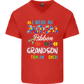 Autism Ribbon For My Grandson Autistic ASD Mens V-Neck Cotton T-Shirt Red