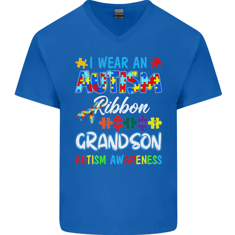 Autism Ribbon For My Grandson Autistic ASD Mens V-Neck Cotton T-Shirt Royal Blue