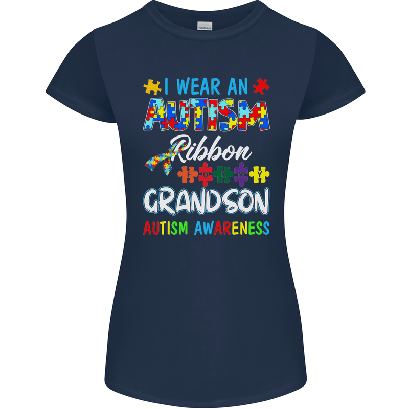 Autism Ribbon For My Grandson Autistic ASD Womens Petite Cut T-Shirt Navy Blue