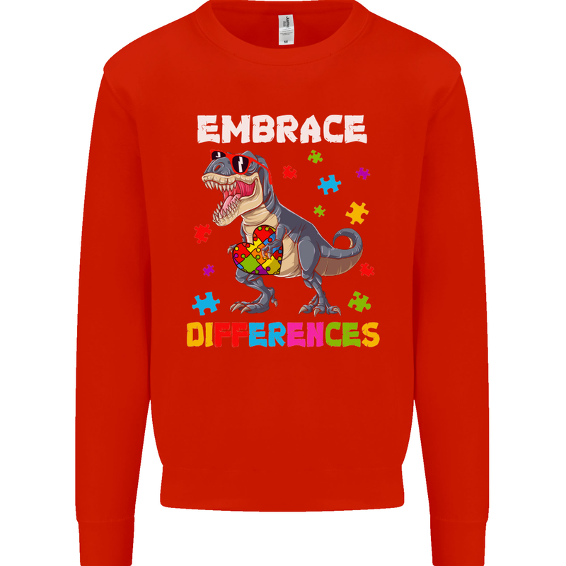Autism T-Rex Embrace Differences Autistic Mens Sweatshirt Jumper Bright Red