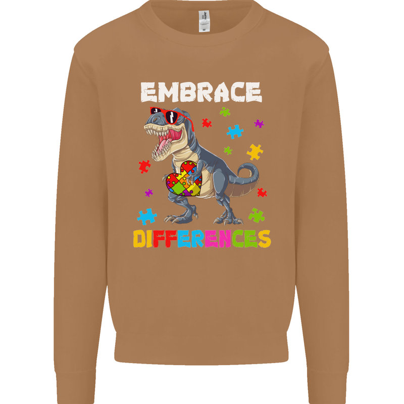 Autism T-Rex Embrace Differences Autistic Mens Sweatshirt Jumper Caramel Latte