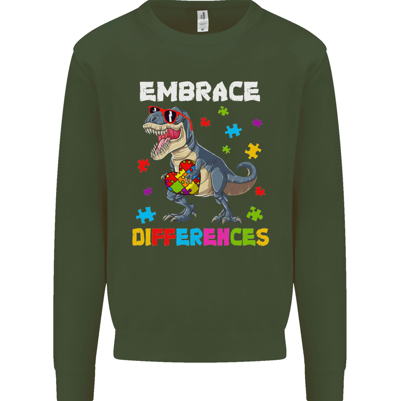 Autism T-Rex Embrace Differences Autistic Mens Sweatshirt Jumper Forest Green