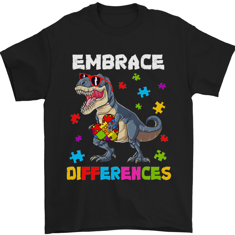 Autism T-Rex Embrace Differences Autistic Mens T-Shirt Cotton Gildan Black