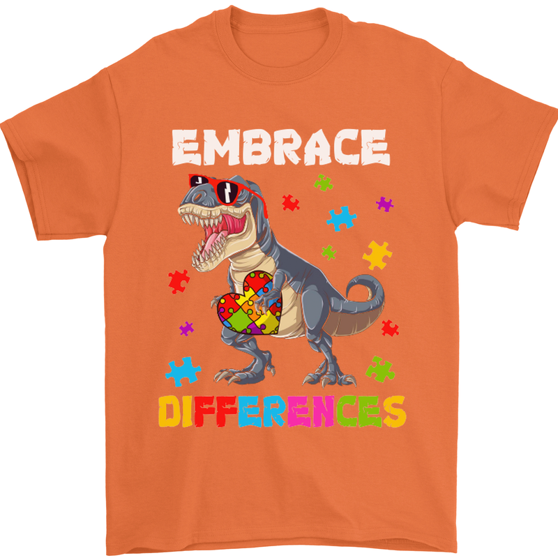 Autism T-Rex Embrace Differences Autistic Mens T-Shirt Cotton Gildan Orange