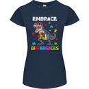 Autism T-Rex Embrace Differences Autistic Womens Petite Cut T-Shirt Navy Blue