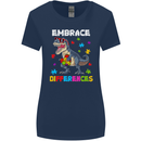 Autism T-Rex Embrace Differences Autistic Womens Wider Cut T-Shirt Navy Blue