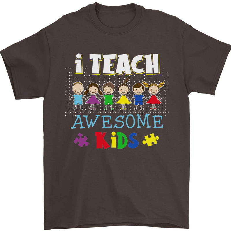 Autism Teacher I Teach Awesome Kid Autistic Mens T-Shirt Cotton Gildan Dark Chocolate