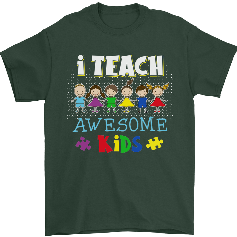 Autism Teacher I Teach Awesome Kid Autistic Mens T-Shirt Cotton Gildan Forest Green