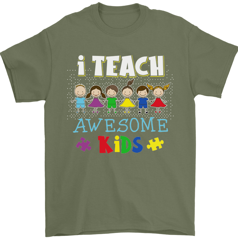 Autism Teacher I Teach Awesome Kid Autistic Mens T-Shirt Cotton Gildan Military Green