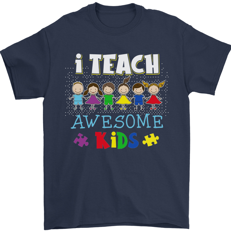 Autism Teacher I Teach Awesome Kid Autistic Mens T-Shirt Cotton Gildan Navy Blue