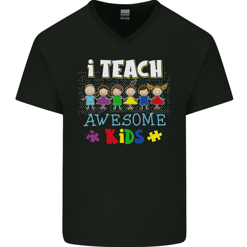 Autism Teacher I Teach Awesome Kid Autistic Mens V-Neck Cotton T-Shirt Black