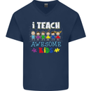 Autism Teacher I Teach Awesome Kid Autistic Mens V-Neck Cotton T-Shirt Navy Blue