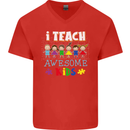 Autism Teacher I Teach Awesome Kid Autistic Mens V-Neck Cotton T-Shirt Red